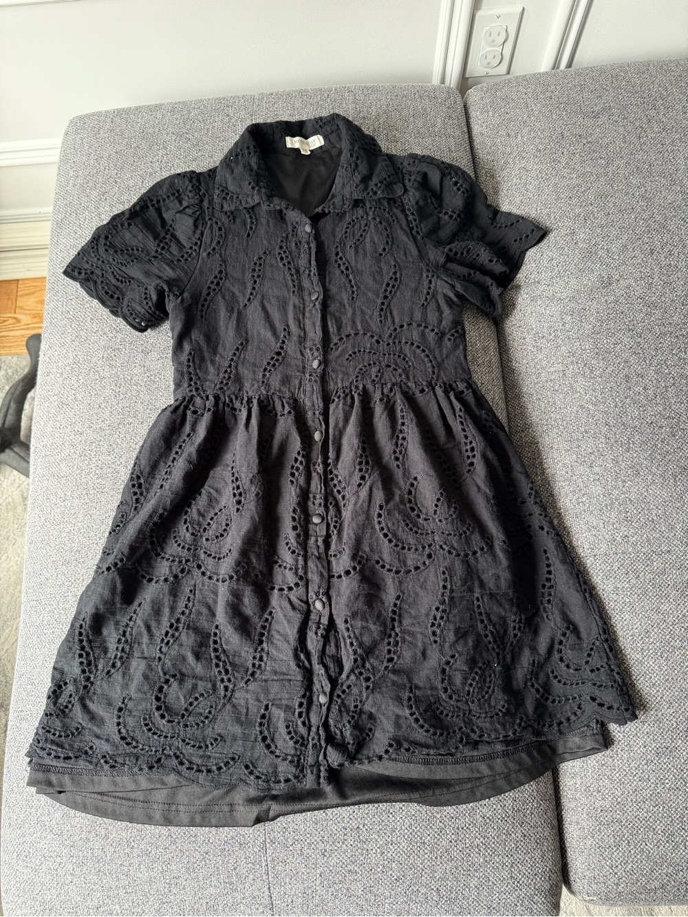 Black Eyelet Button-Front Shirt Mini Dress